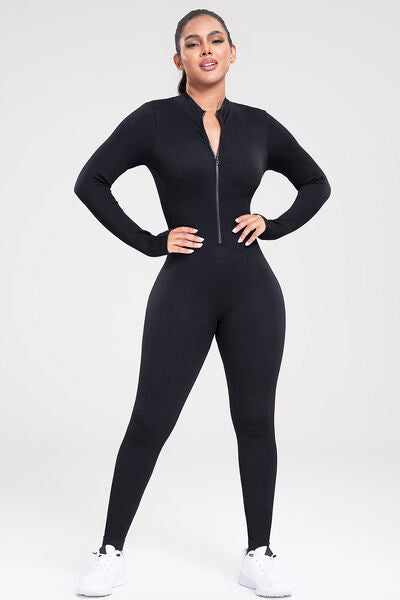 Zip Up Ribbed Long Sleeve Skinny Active Jumpsuit