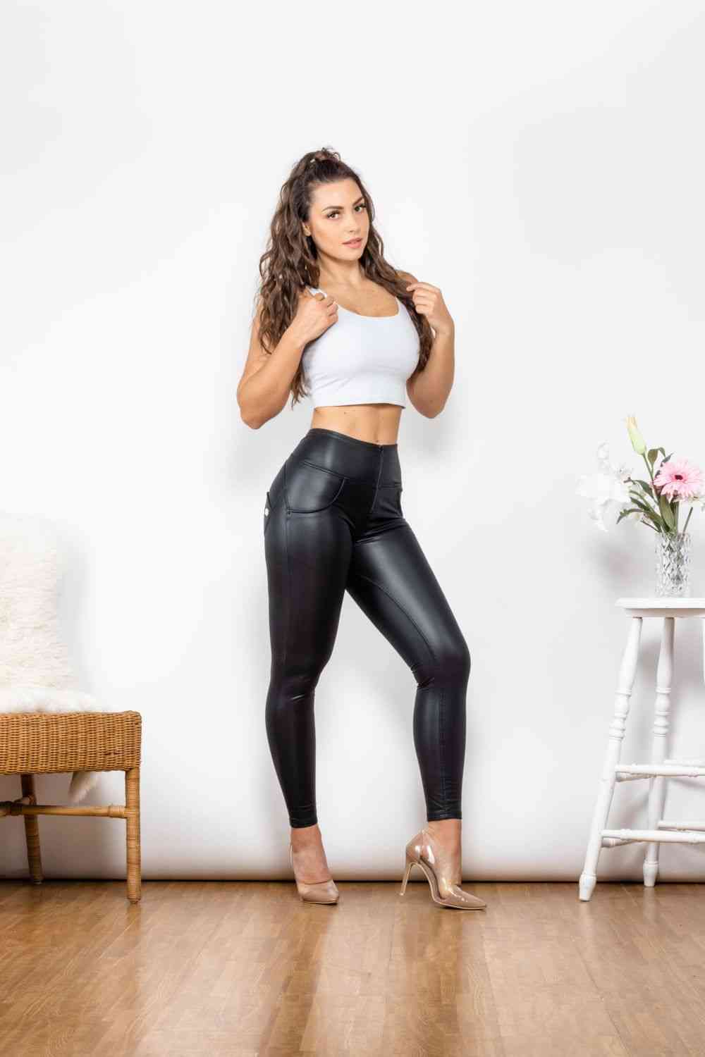 Leggings con detalle de cremallera de cuero PU de tamaño completo