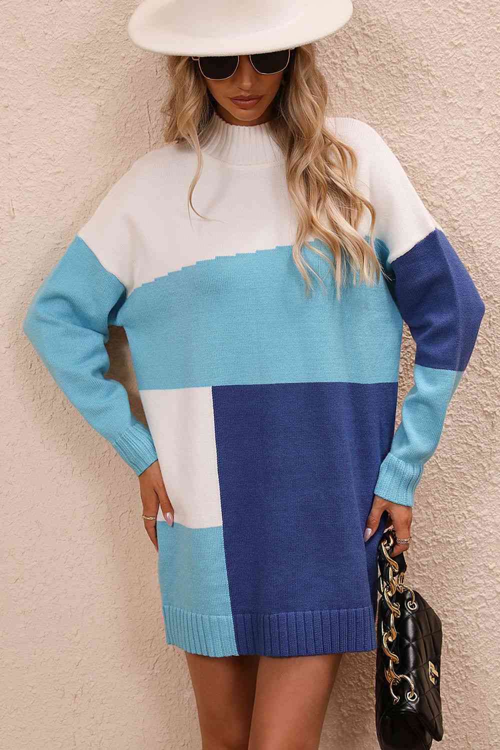 Vestido estilo suéter con hombros caídos y cuello simulado en bloques de color