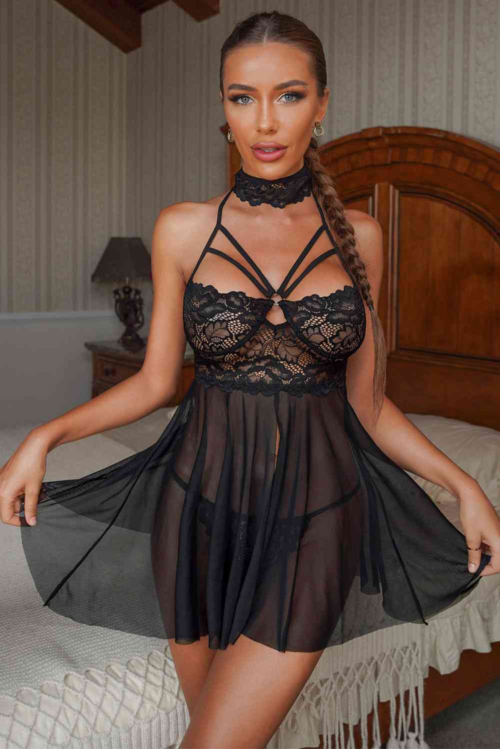 Conjunto de lencería babydoll sin espalda de malla de encaje