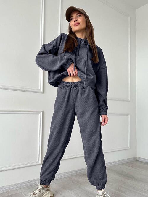 Half Zip Drawstring Hoodie and Pants Set