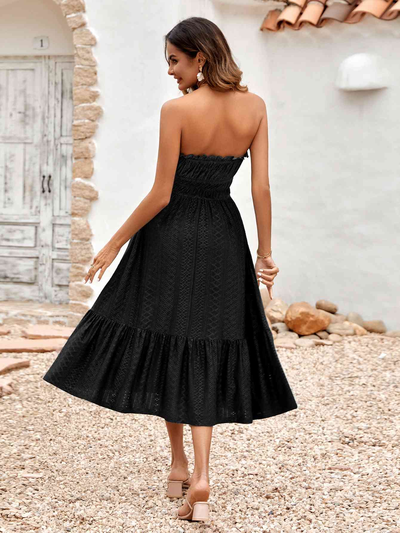 Frill Trim Strapless Midi Dress