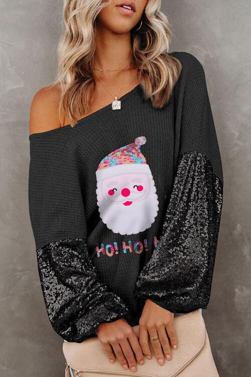 Blusa de manga larga con lentejuelas y estampado de Papá Noel en punto waffle