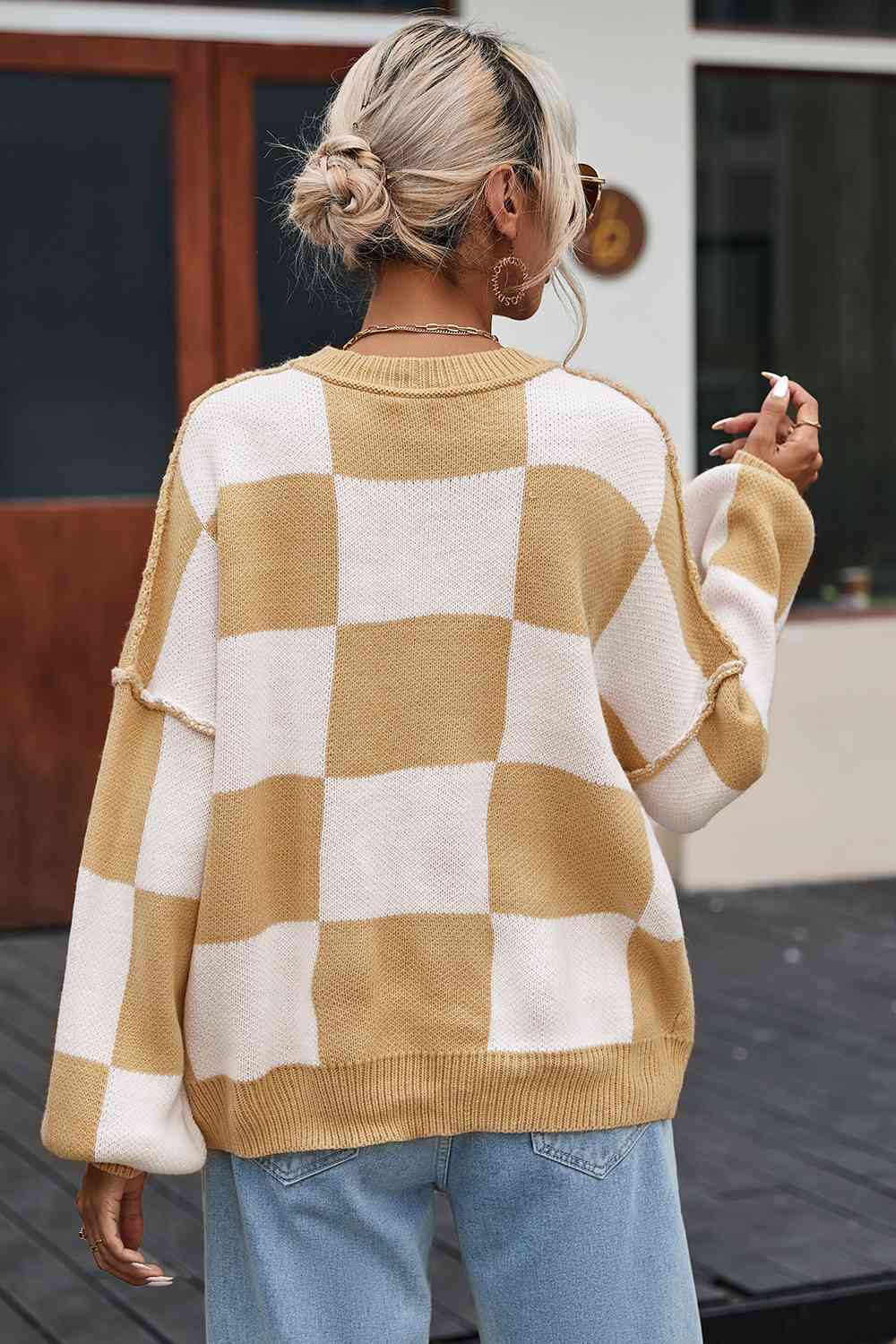 Checkered Exposed Seam Drooped Shoulder Sweater