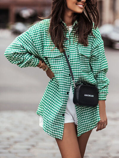 Houndstooth Button Up Dropped Shoulder Jacket