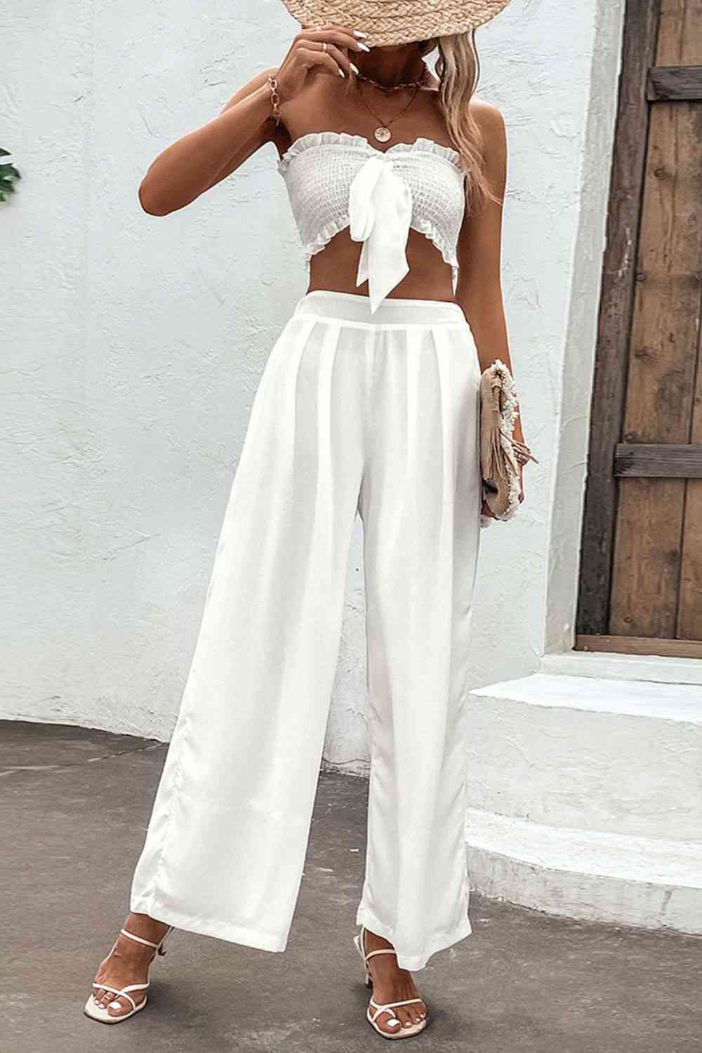 Conjunto de top de tubo fruncido y pantalones de pierna ancha